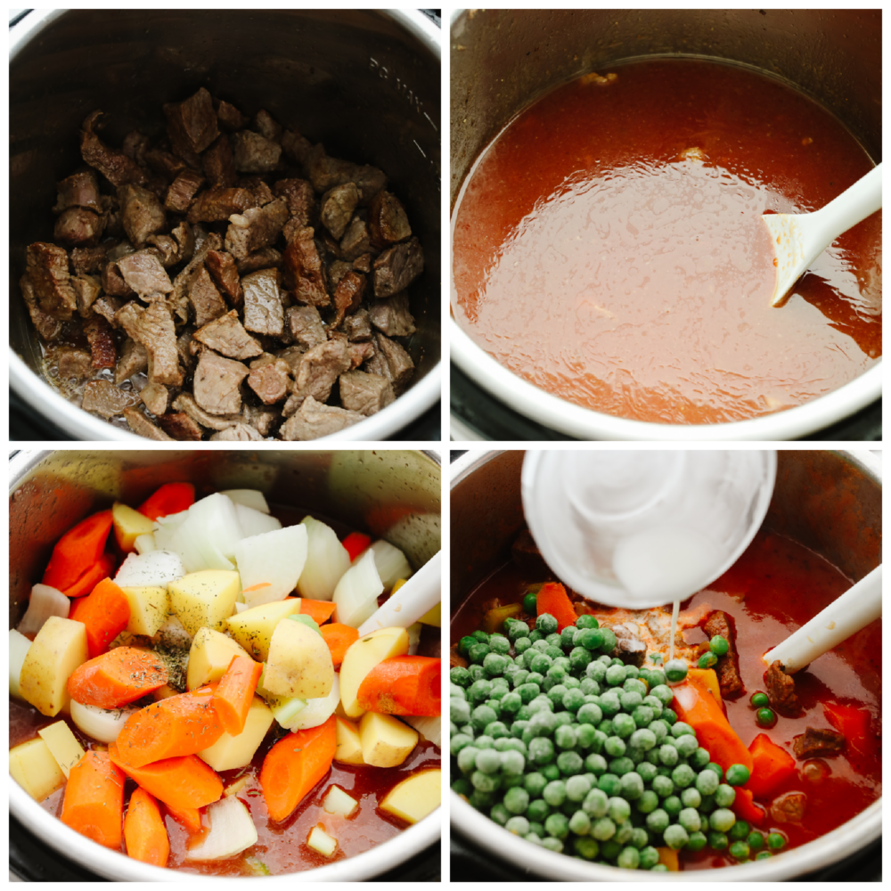 Instant Pot Beef Stew es perfecto para esas frescas noches de otoño, ¡y genial cuando quieres preparar un acogedor estofado de carne en menos de una hora! Saltee la carne en el fondo de la olla instantánea, agregue las verduras y el caldo, enciéndalo y ¡termine el día! 4 imágenes que muestran instrucciones paso a paso sobre cómo mezclar los ingredientes para el estofado de ternera.