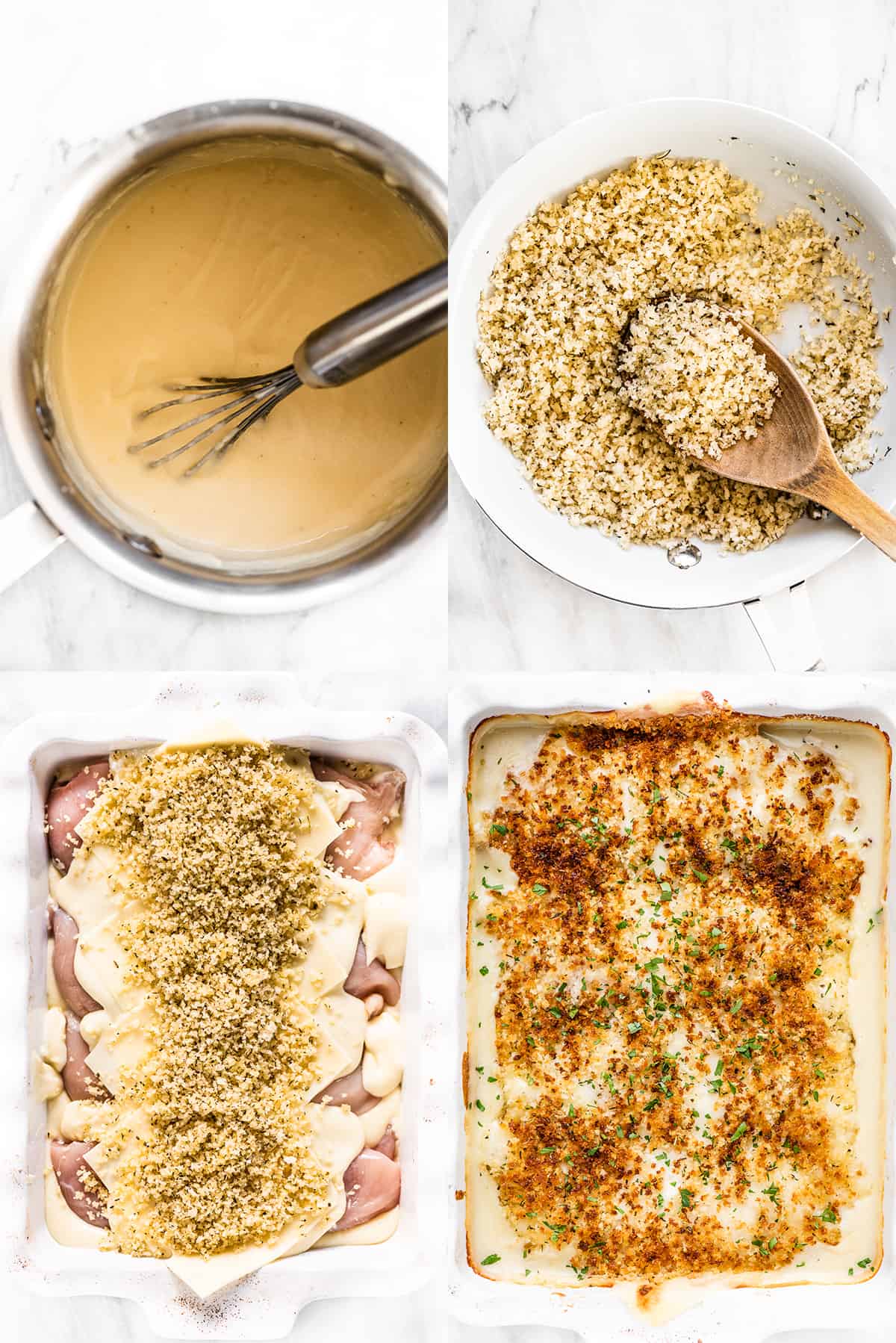 4 pictures showing how to make this swiss chicken bake recipe.