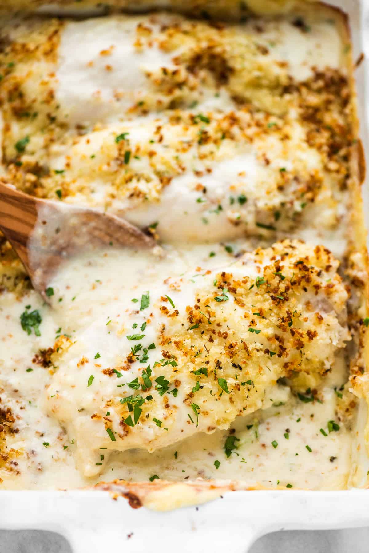 Swiss chicken baked in a casserole dish.