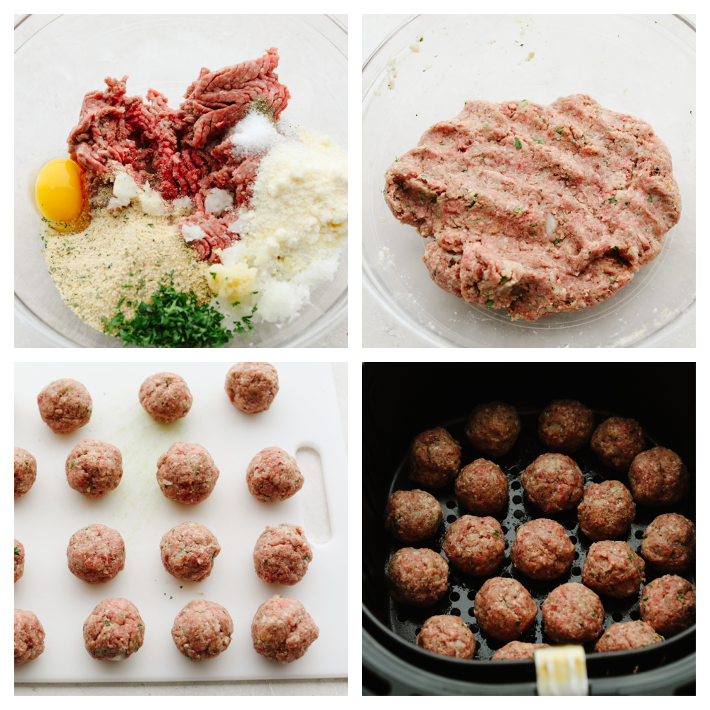 4 pictures showing steps on how to make meatballs. 