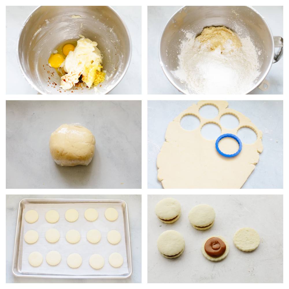 6 step by step pictures on how to make dough and cut out cookies.