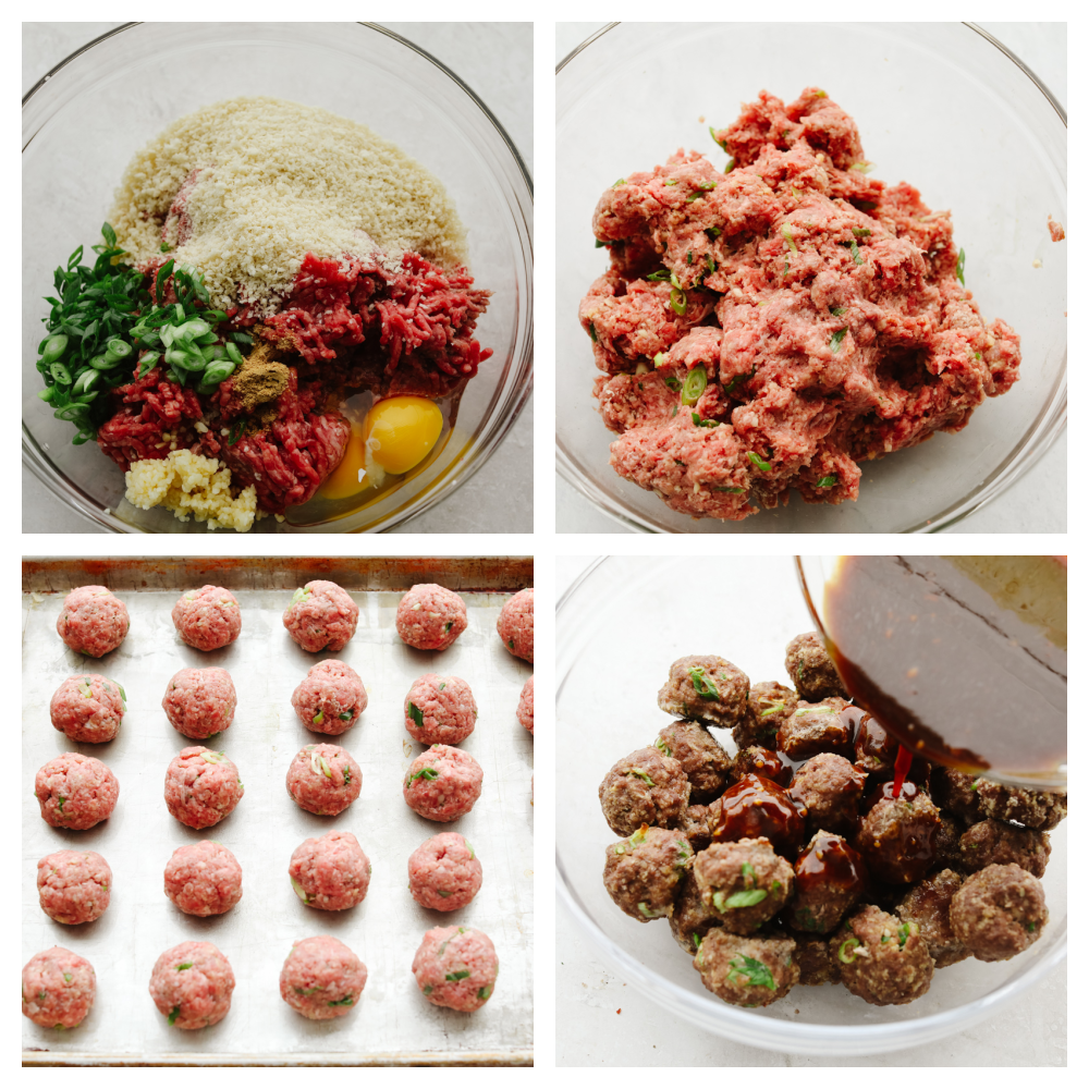 4 pictures showing steps on how to make and form meatballs. 