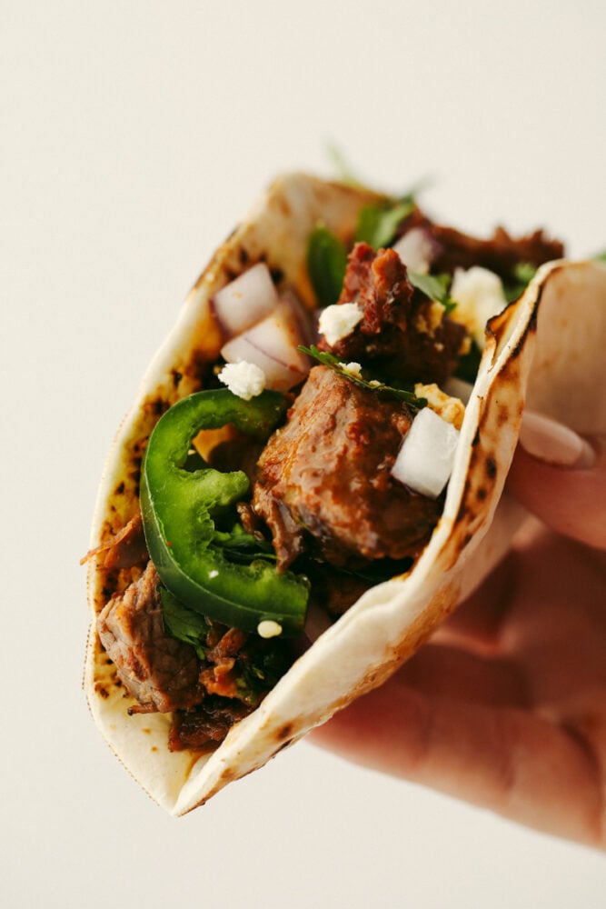 A close up of a beef brisket taco folded in half being held in someone's hand. 