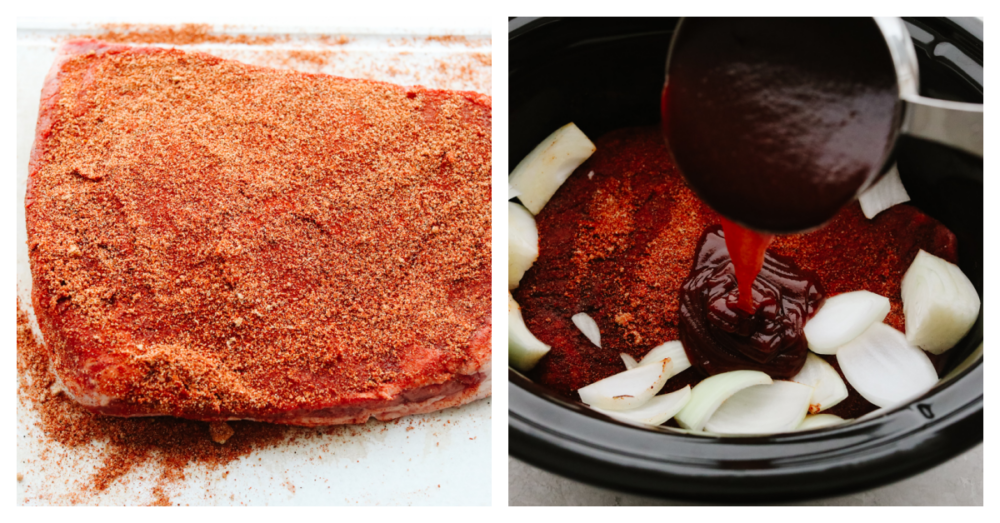 2 pictures showing how to prepare a beef brisket for a slow cooker. 
