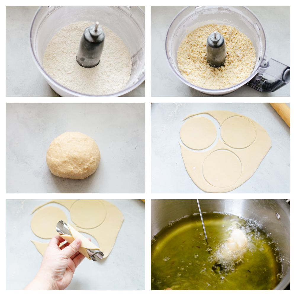 Process shots of mixing and frying dough.