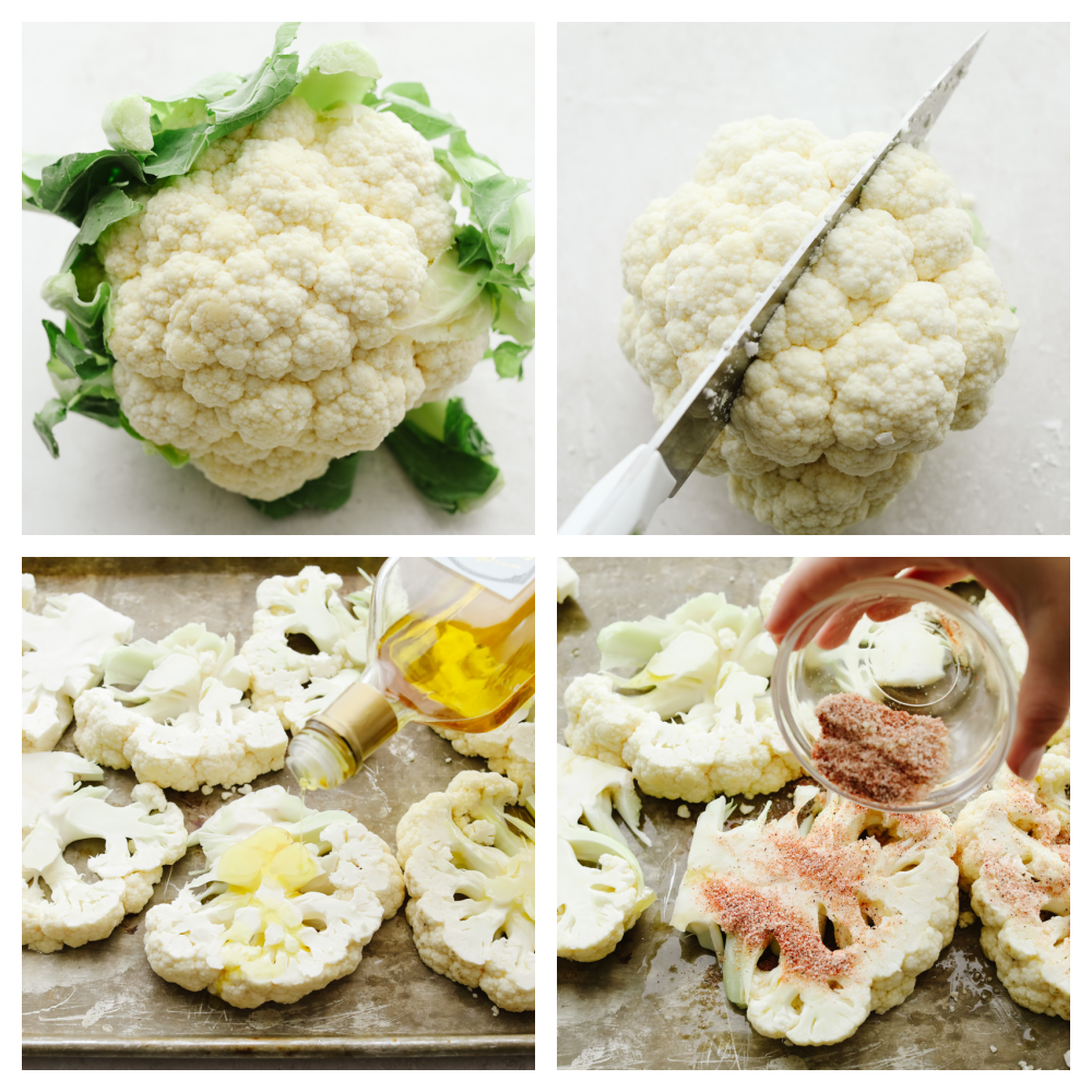 Process shots of preparing cauliflower with olive oil and seasonings.
