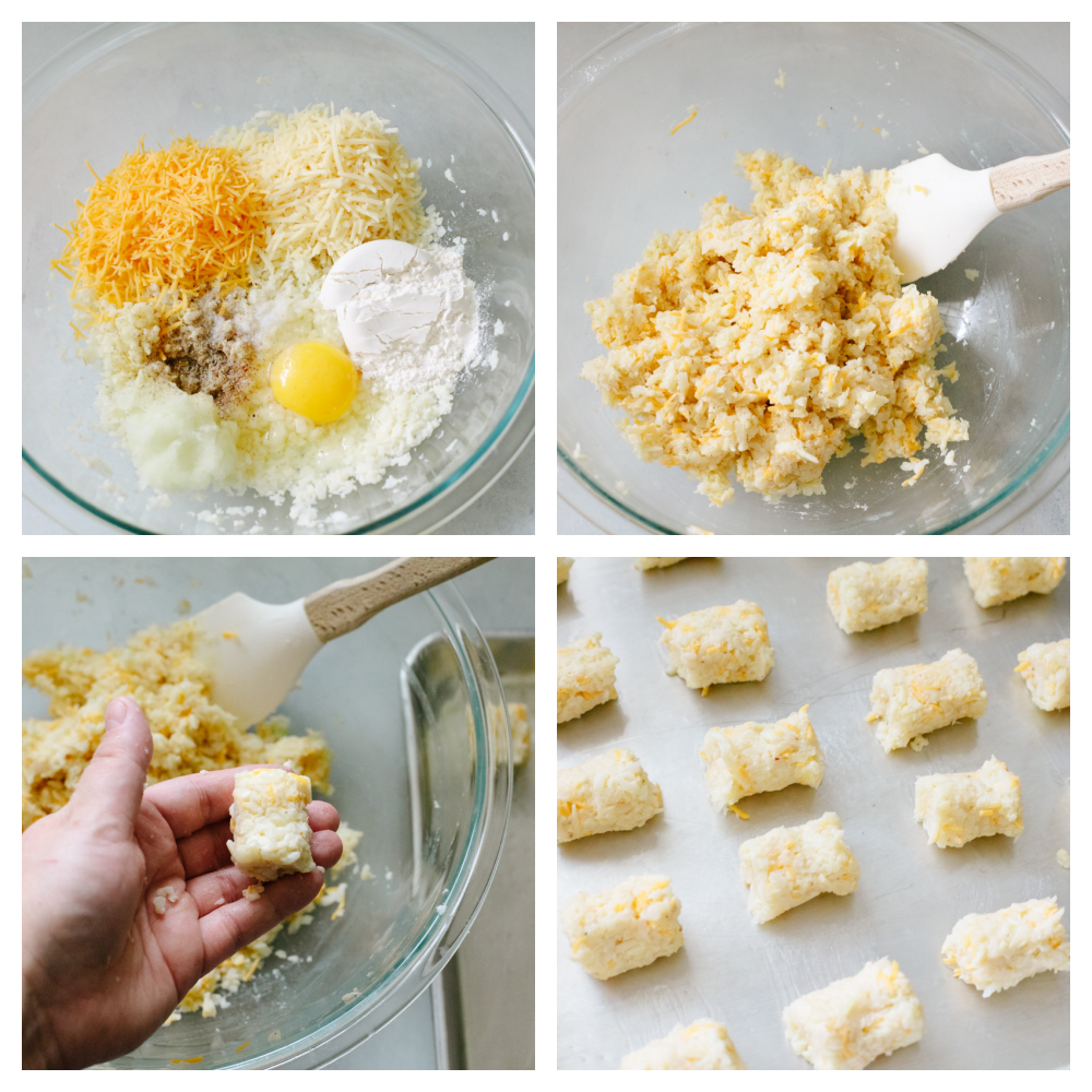 4 step by step pictures showing how to mix and form cauliflower tots. 
