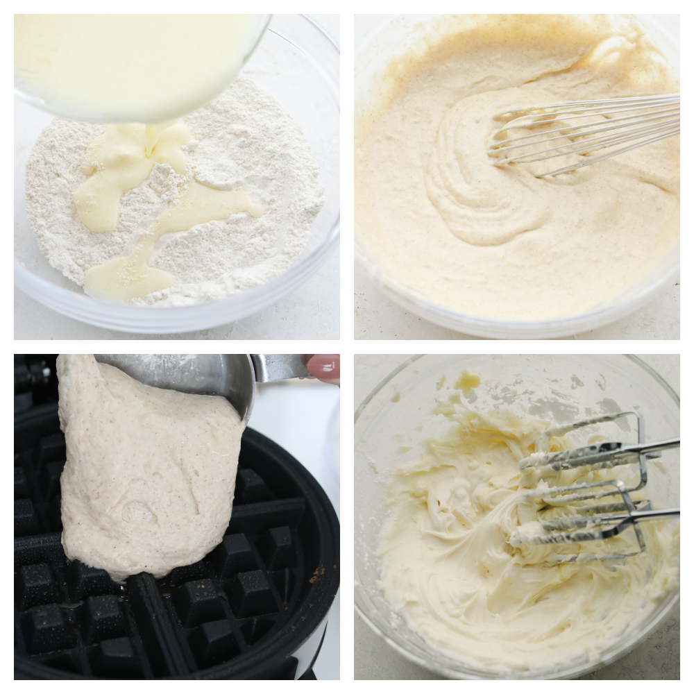 4 pictures showing the steps of how to make waffle batter and a cream cheese glaze. 