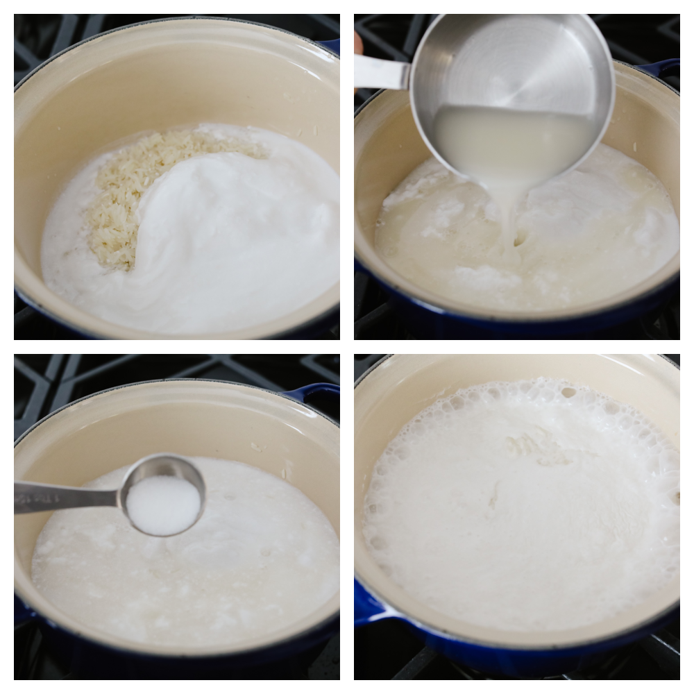 4 pictures showing the steps on how to cook rice. 