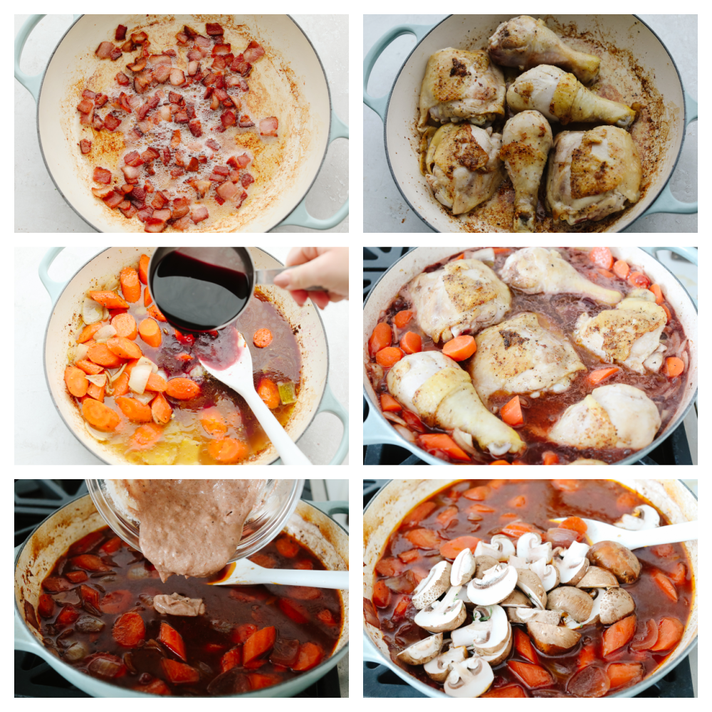 6 pictures showing step by step how to sear chicken and braise it in a wine sauce. 