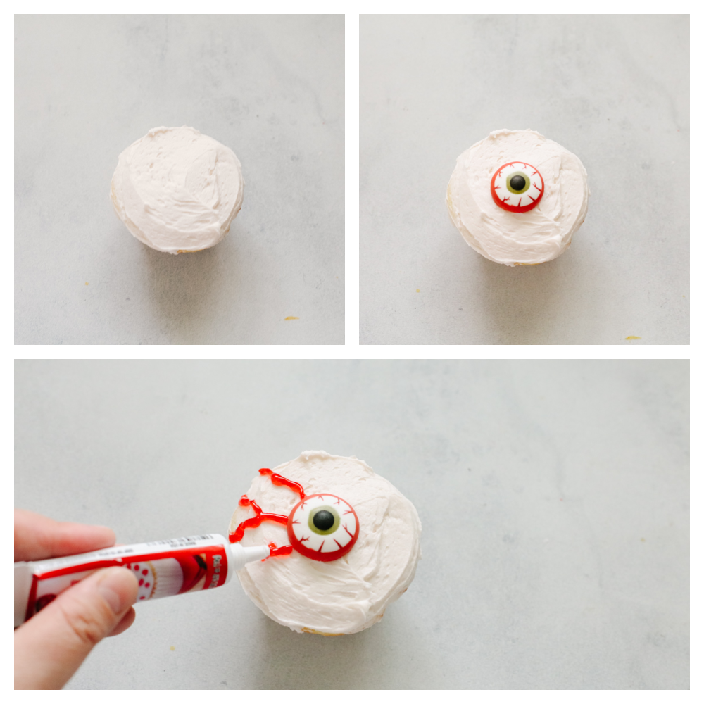 Process shots of making an eyeball cupcake.