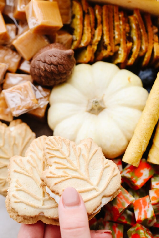 Fall shaped crackers and cubed cheese on a charcuterie board. 