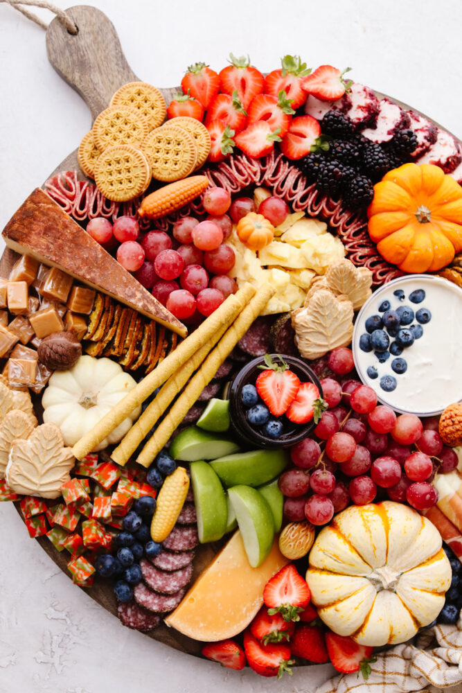 A zoomed in pictures of a fall charcuterie board. 