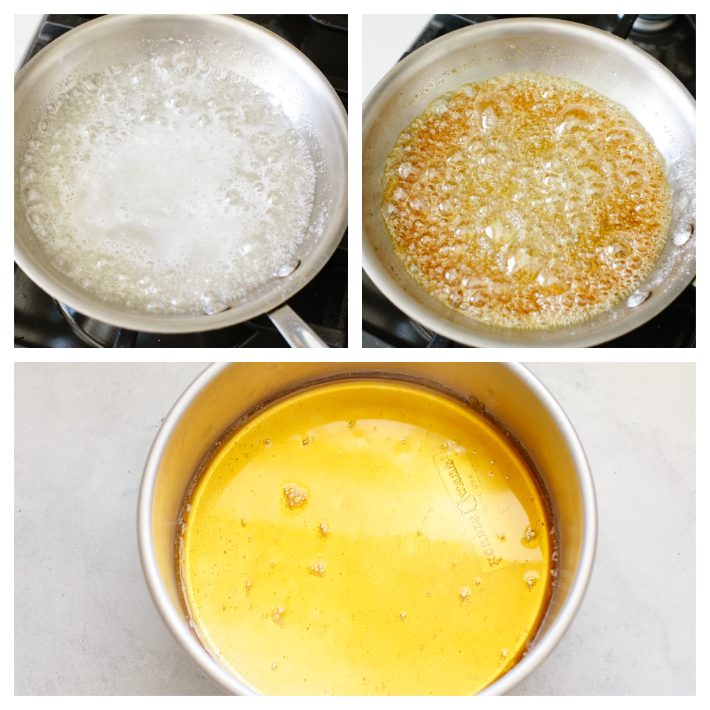 Steps to make flan in a skillet pan over gas oven. 