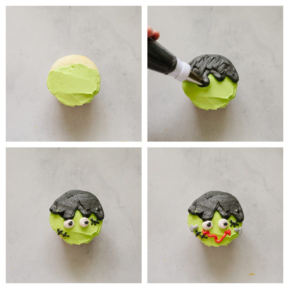 Step-by-step photos of making a Frankenstein cupcake.