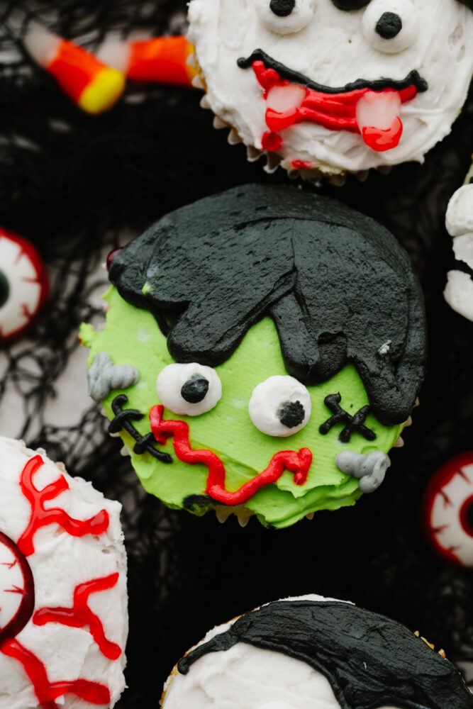 Closeup of a Frankenstein cupcake.