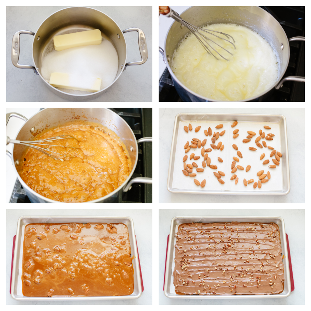 Process shots of preparing mixture and adding to pan.