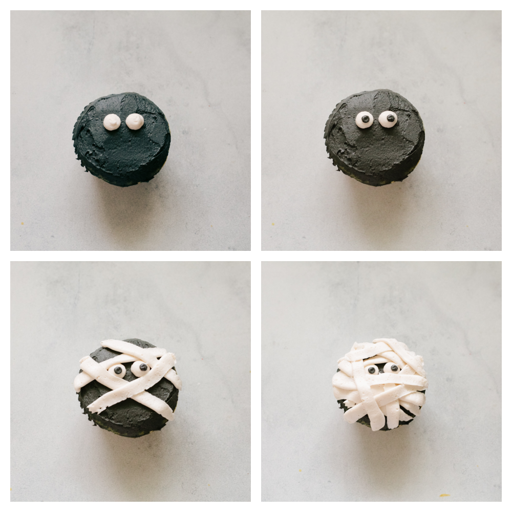 Photos of making a mummy cupcake.