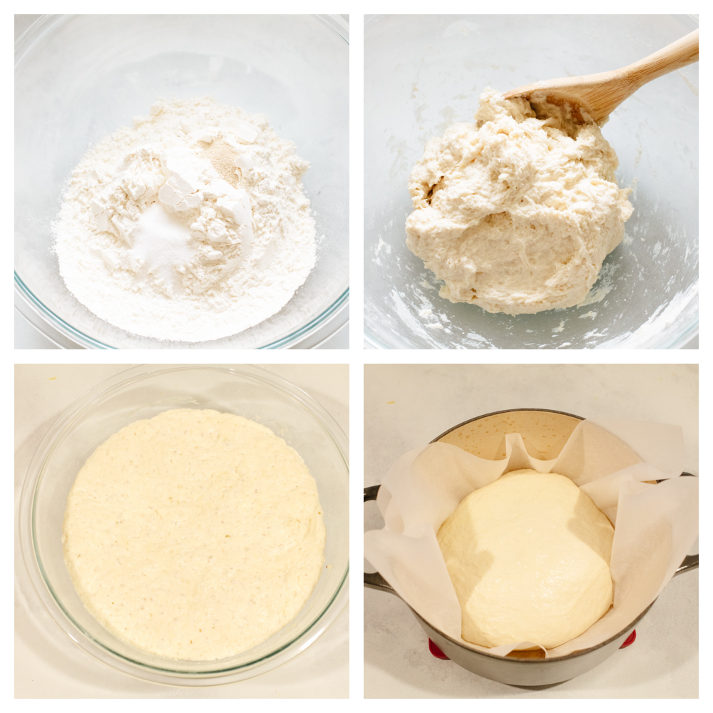 4 step by step pictures showing how to make bread dough.