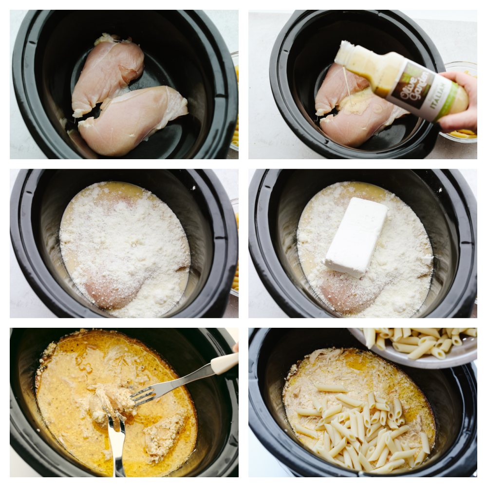 Chicken being placed in a crockpot and ingredients being added on top of it. 
