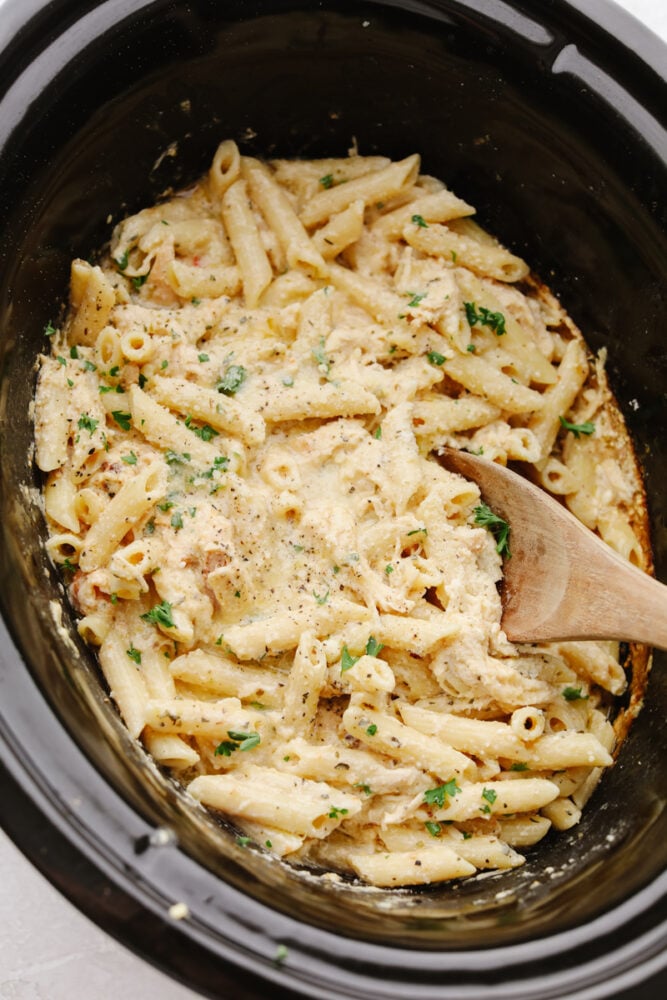 Chicken and pasta cooked in a crockpot. 