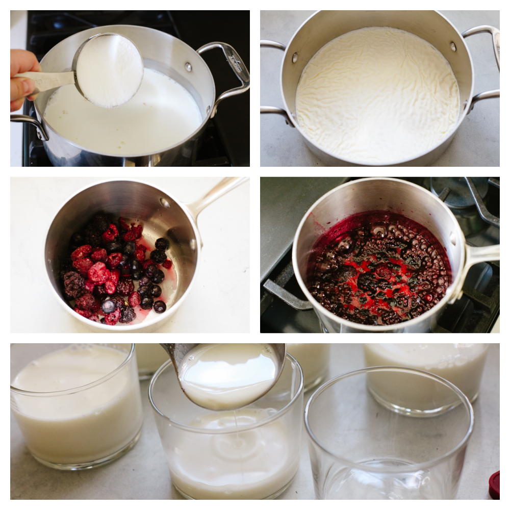 5 pictures of step by step instructions on how to bloom gelatin and heat up berries.