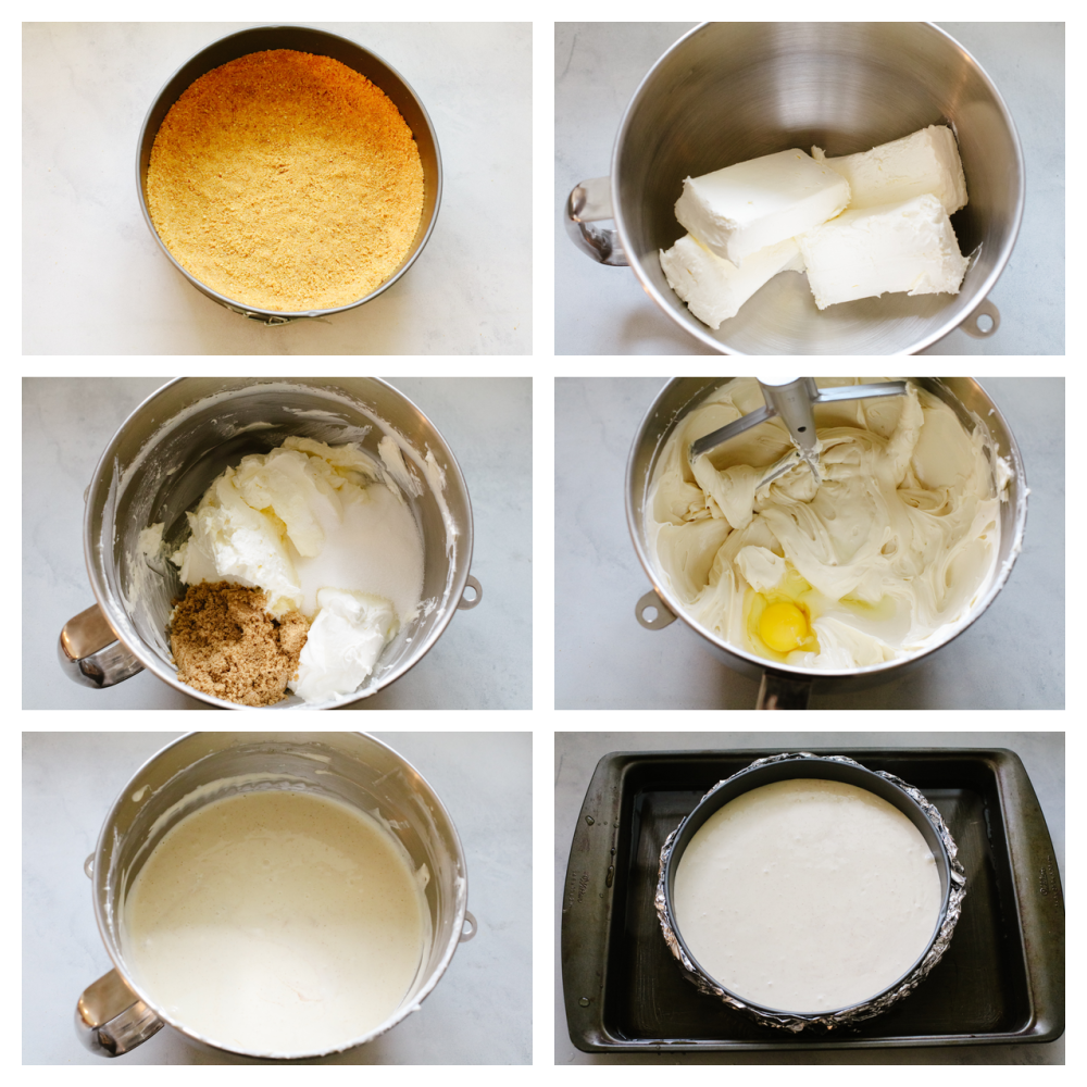 Process shots of preparing cheesecake base.