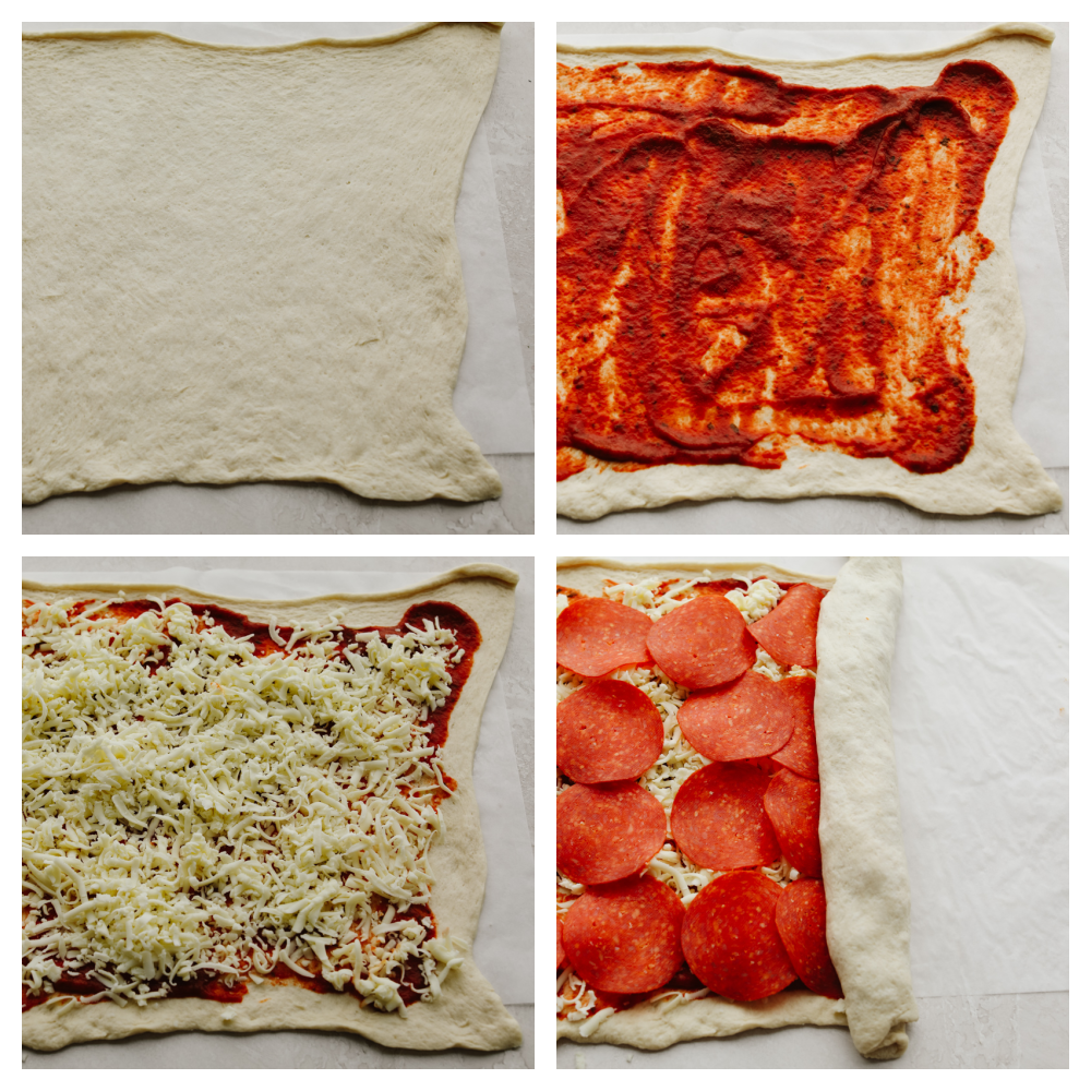 4 pictures showing how to add toppings to pizza dough. 