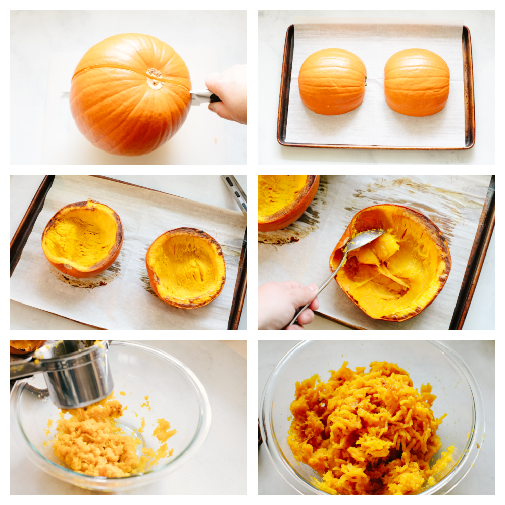 6 pictures showing steps on how to roast a pumpkin and scoop out the inside.