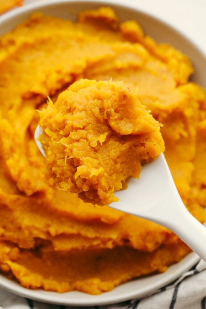 A close up of pumpkin puree on a spoon. 