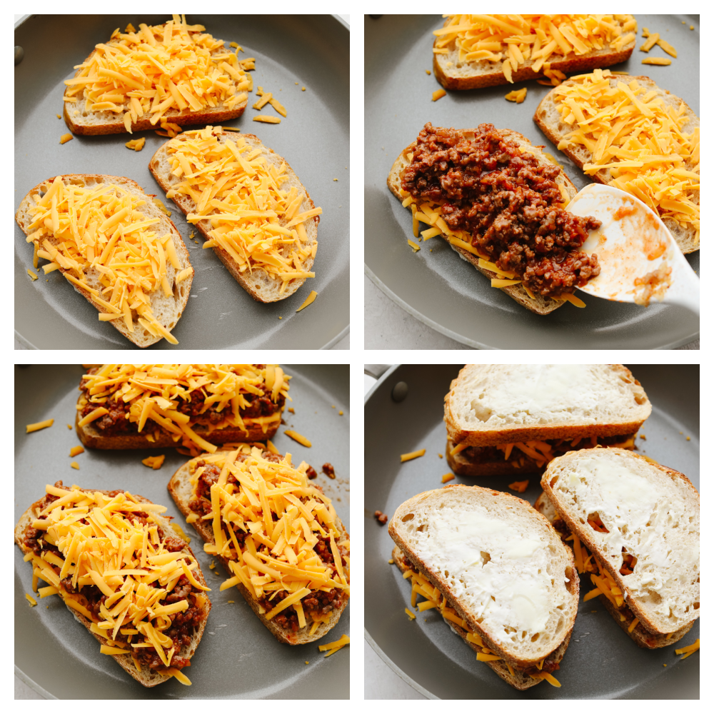 4 pictures showing how to cook a sloppy joe grilled cheese sandwich on a stovetop. 