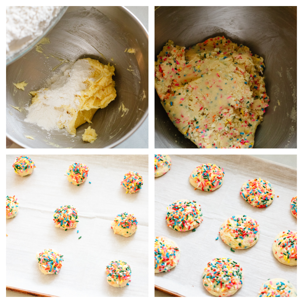 4 pictures showing step by step how to make sprinkle cookie dough. 