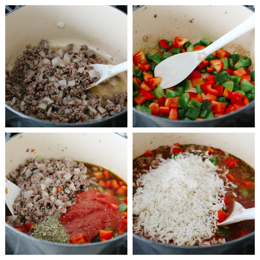 4 step by step pictures on how to mix ingredients into a pot to make soup. 