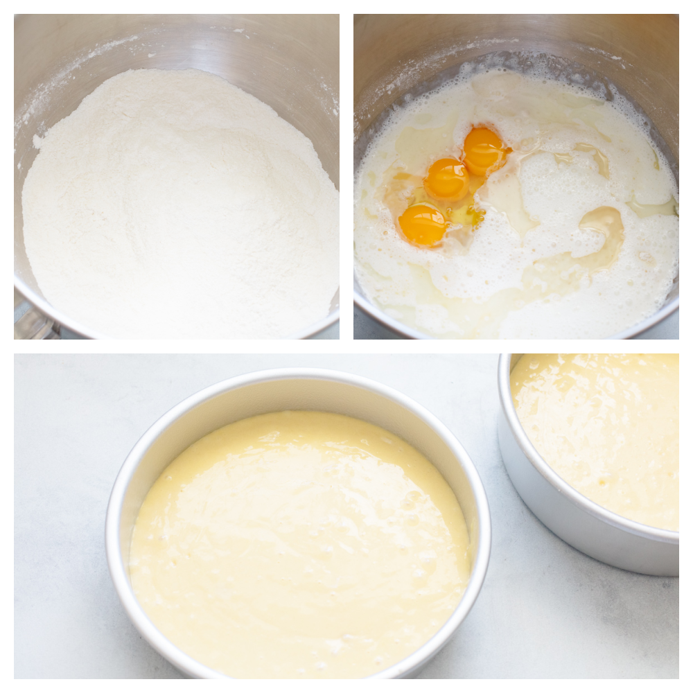 Mixing wet and dry ingredients together in three steps. 