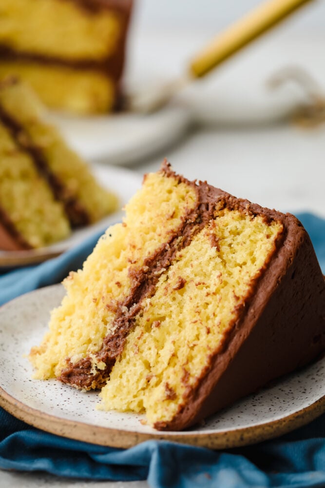 A slice of yellow cake with chocolate frosting. 