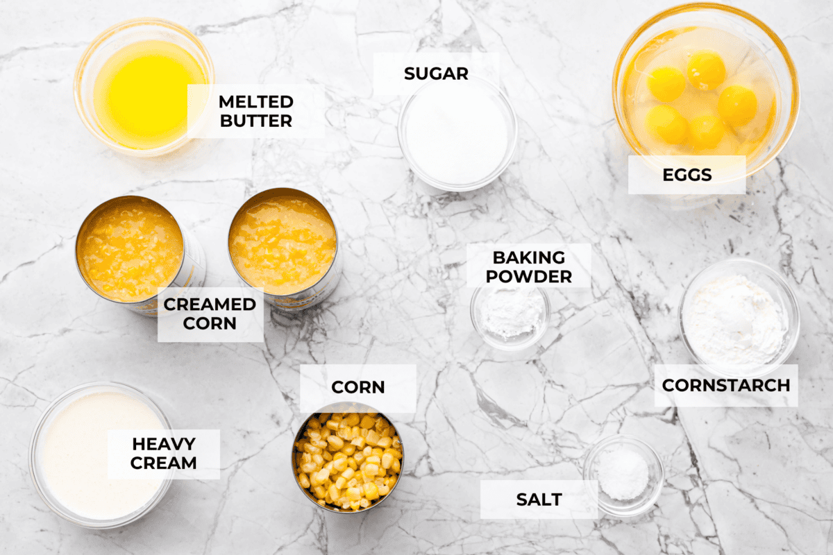 Overhead shot of labeled ingredients. 