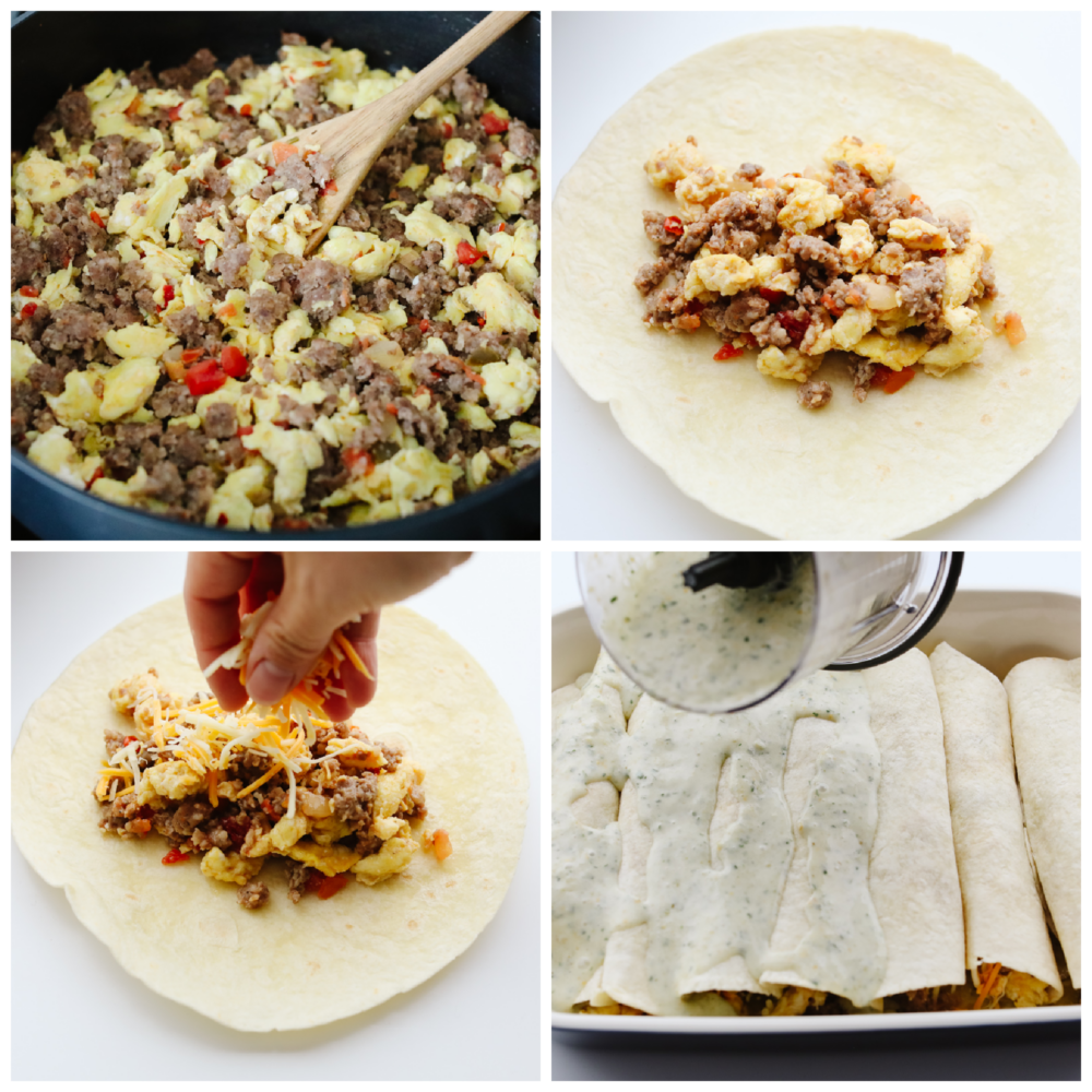 4 pictures showing how to cook filling and put it in a tortilla. 