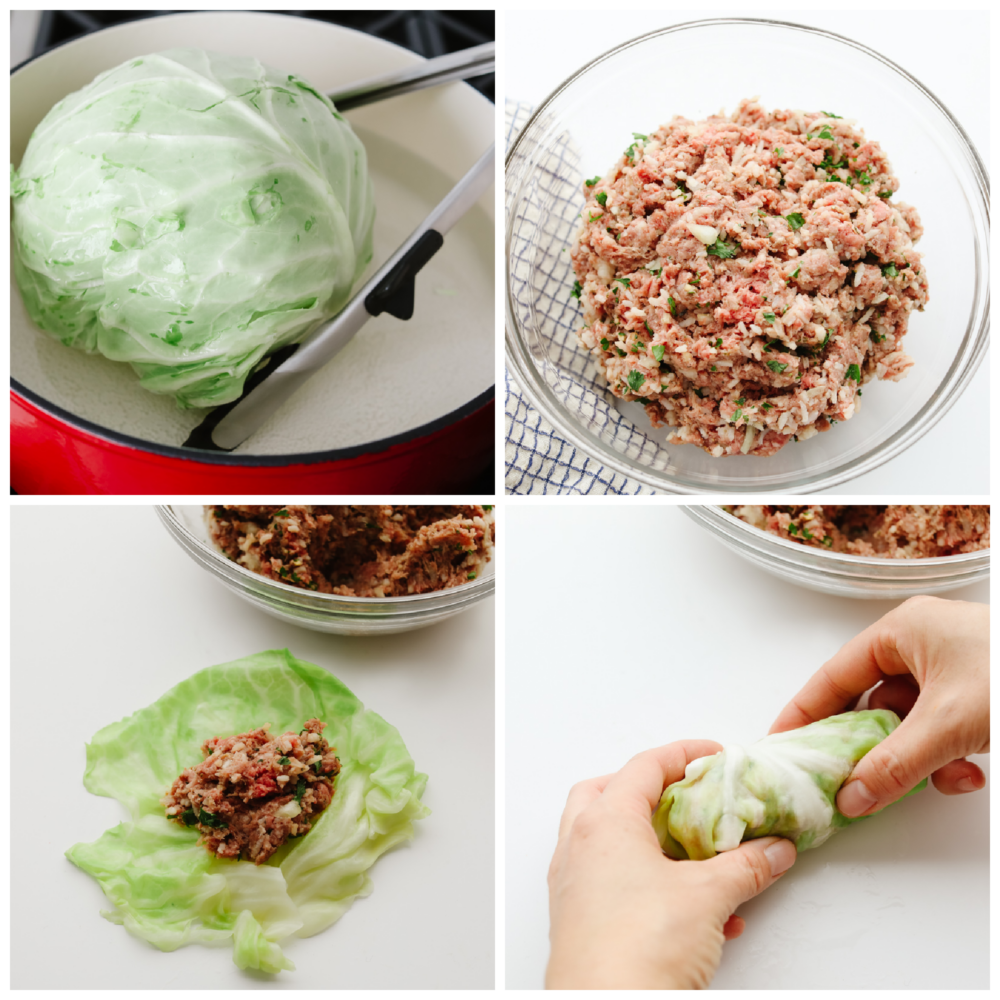 4 pictures showing how to stuff and roll cabbage leaves. 