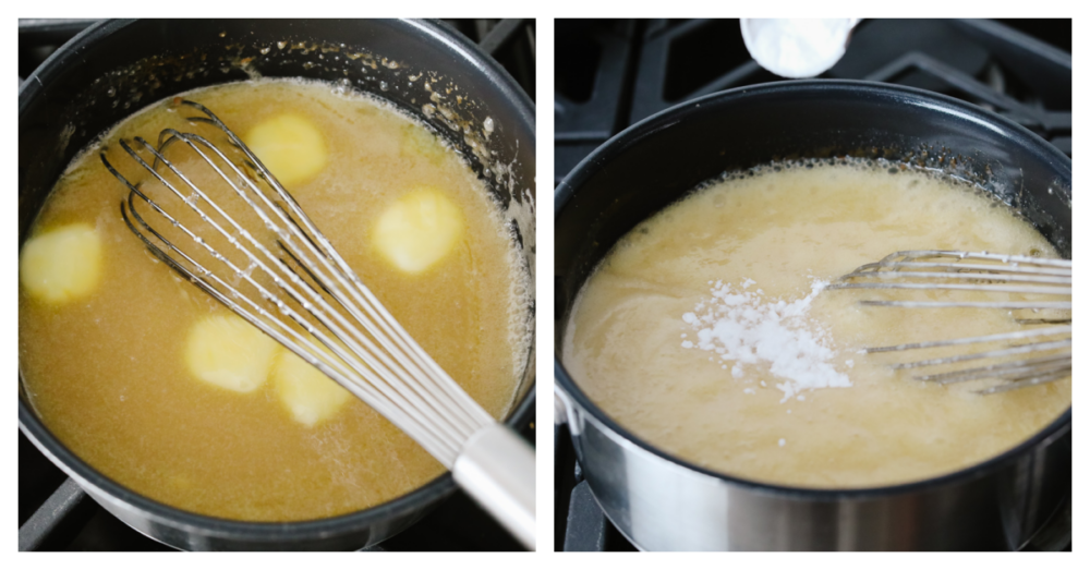 2 pictures showing how to whisk together ingredients in a pot. 
