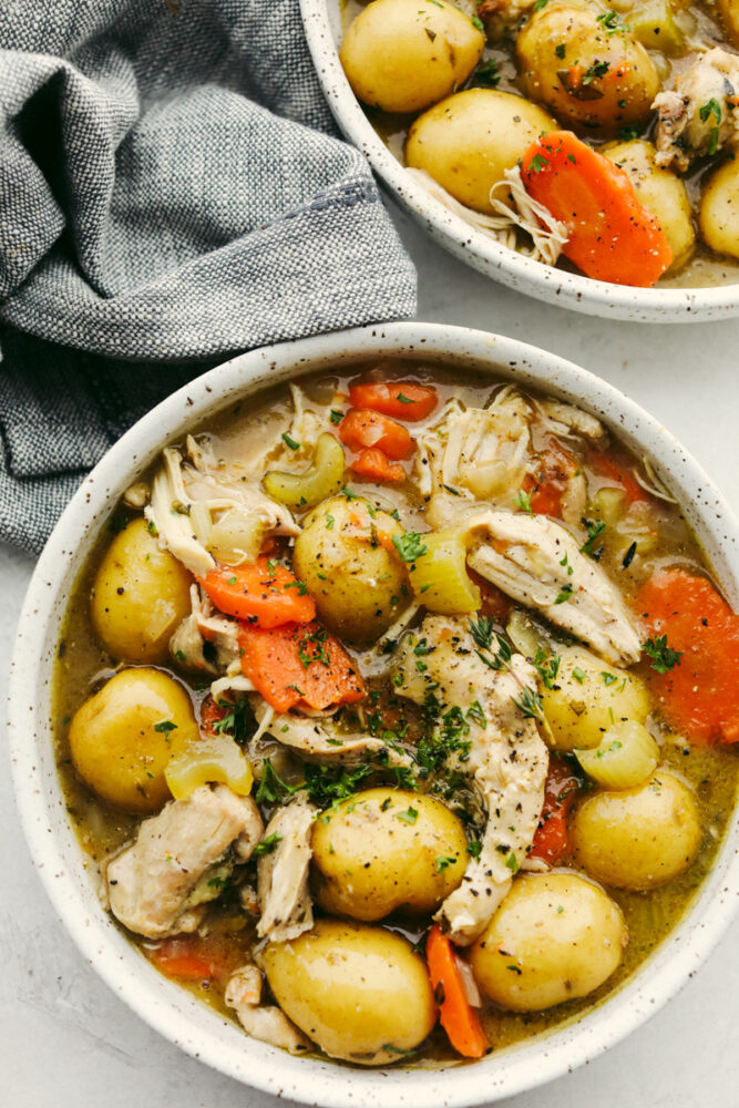 Chicken stew in a bowl, ready to serve. 