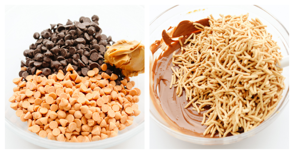 2 pictures showing how to mix chocolate and butterscotch with chow mein noodles. 