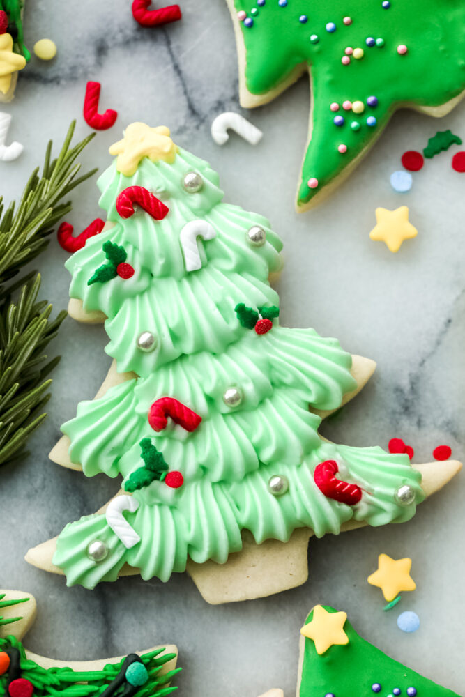 Closeup of a Christmas tree cookie with mistletoe and candy cane detailing.