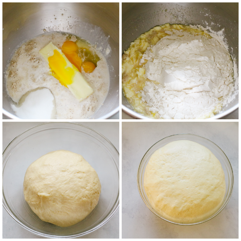 4 pictures showing steps on how to mix and form dough into a ball. 
