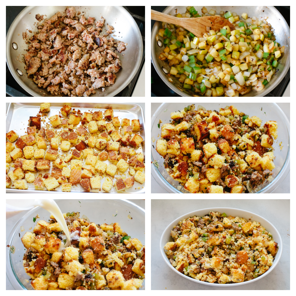 Process shots of sauteing sausage and toasting cornbread pieces. Ingredients are then added to a casserole dish.