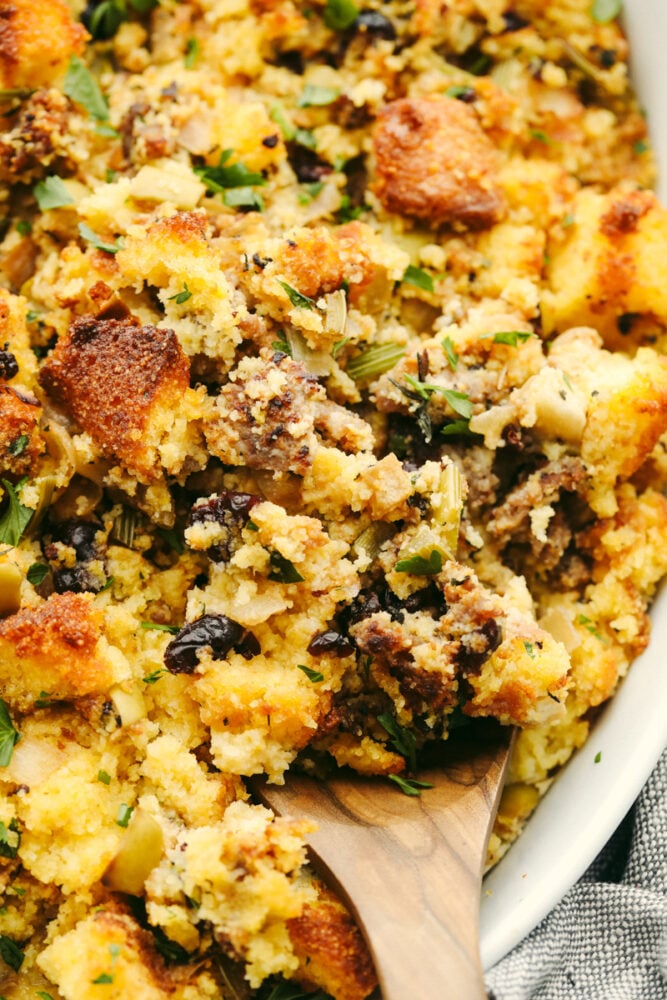 Closeup of cornbread stuffing.