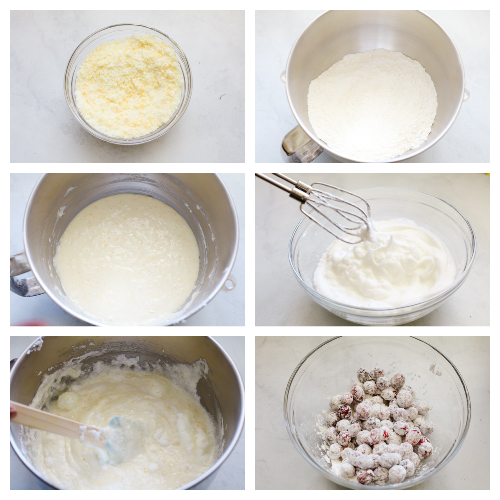Process shots of preparing cake batter.