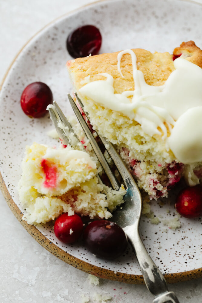 A slice of cake on a plate with a fork and cranberries. 