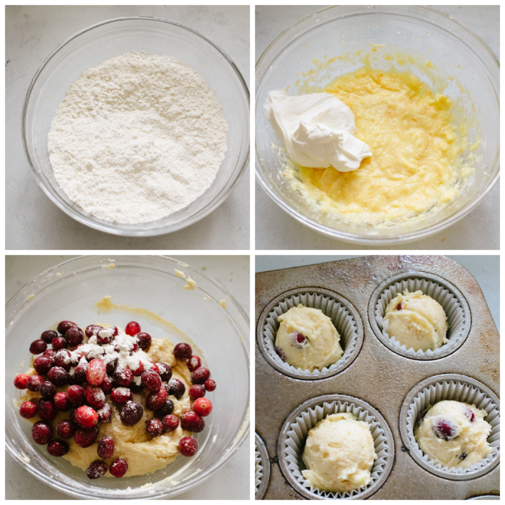 Process shots of preparing muffin batter.