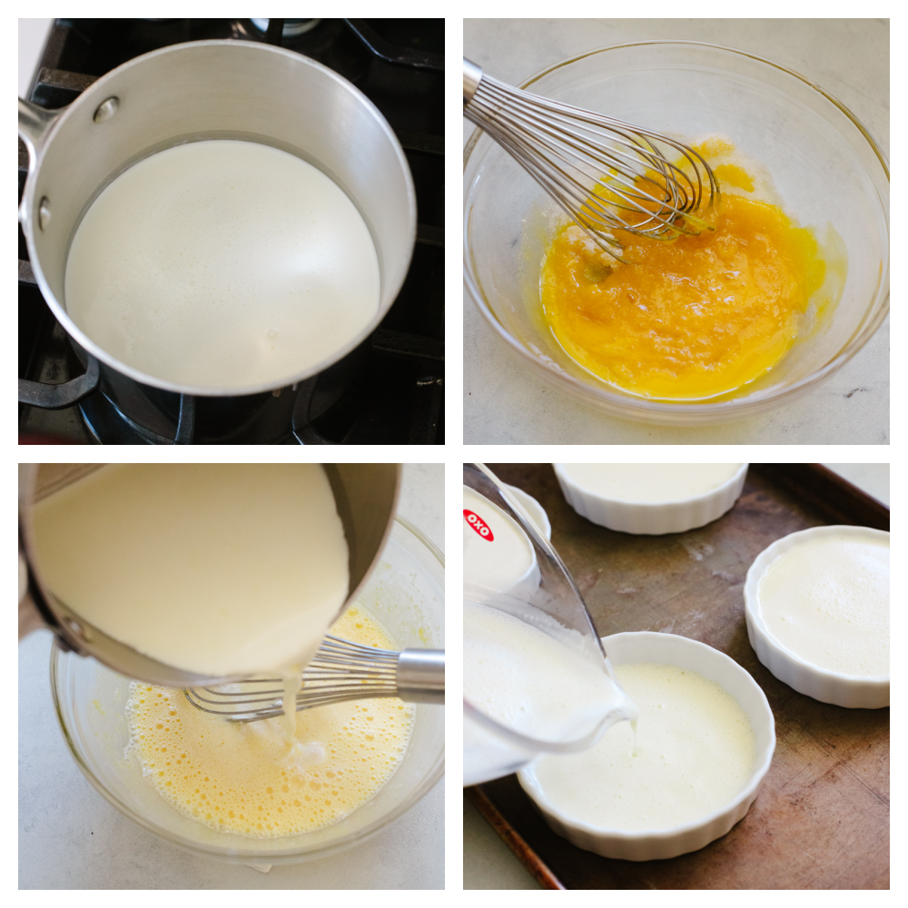 4 pictures showing how to make a custard and pour it into a ramekin. 