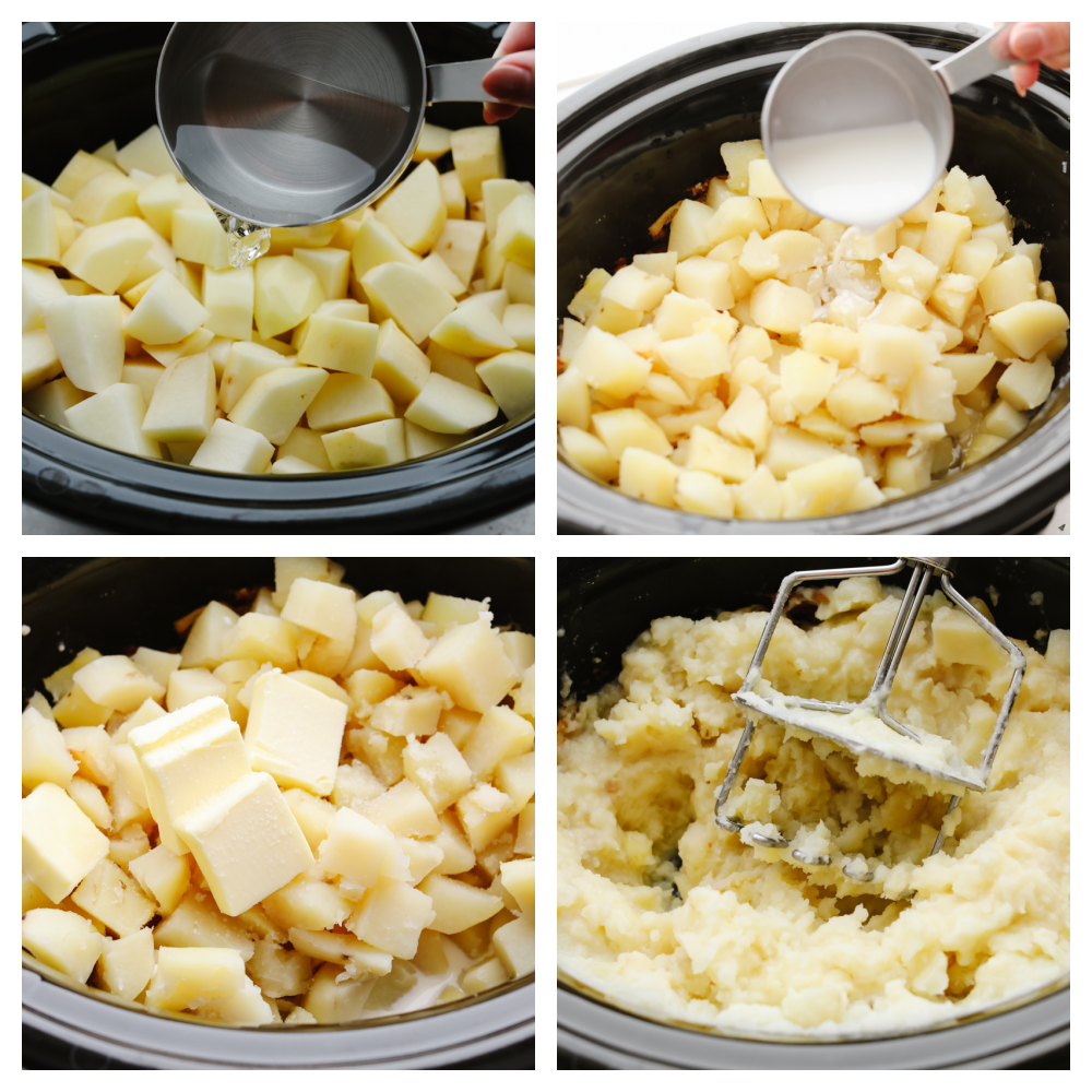 4 pictures showing the steps to cutting up and cooking potatoes in a crockpot. 